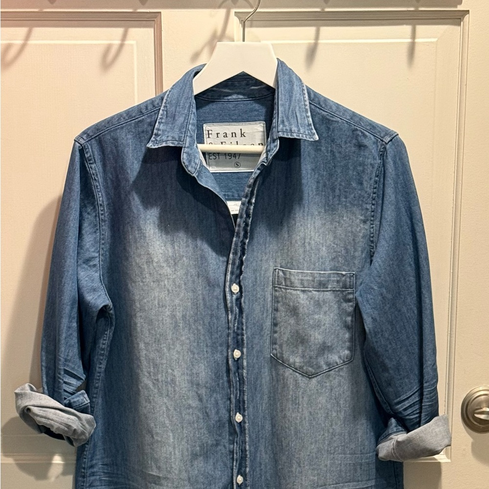 Frank & Eileen  Rory Dress Distressed Denim LS  size S Medium Wash Blue